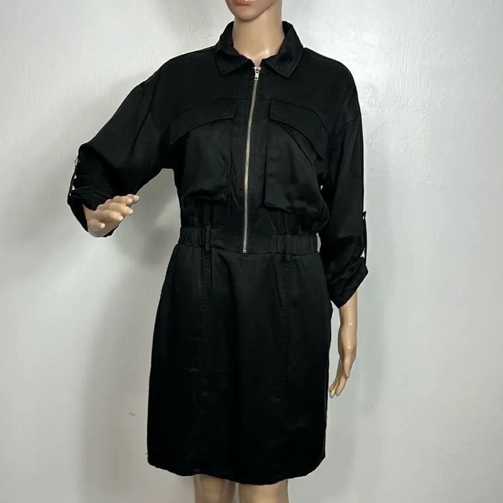 Bohme Black Roll Tab Sleeve Elastic Waist Utility Dress Size S